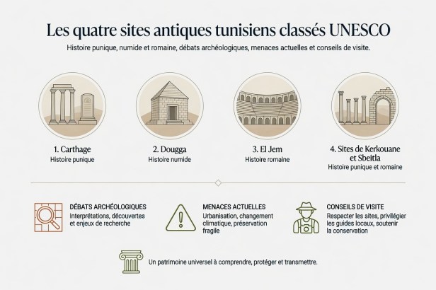 Les quatre sites antiques tunisiens classés au patrimoine mondial de l'UNESCO : Carthage, Kerkouane, Dougga et El Jem